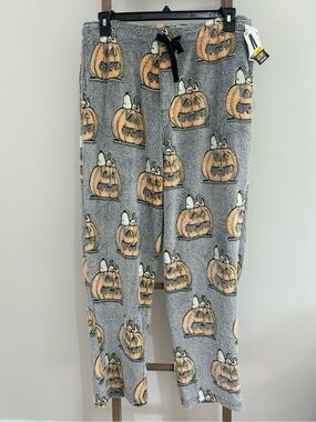 Peanuts Snoopy Glow In The Dark Pumpkin Halloween Gray Plush Pajama Pants L NWT